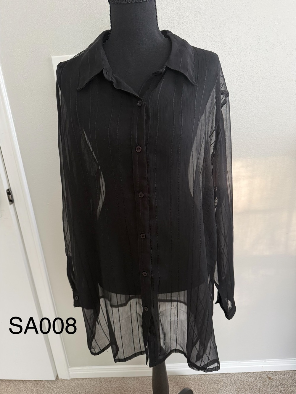 Roaman's Black Sheer Button-Down Long Sleeve Blouse